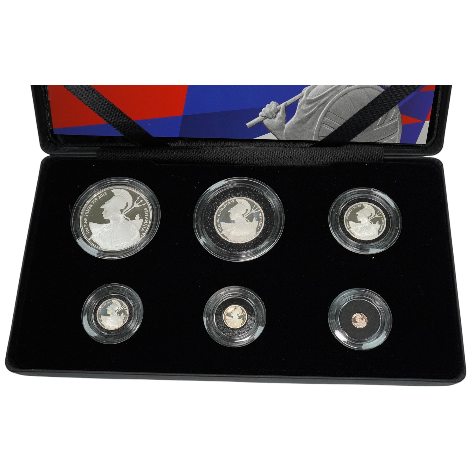 Royal Mint UK QEII coins, the Britannia 2015 collection six-coin silver proof set, in case of issue with certificate